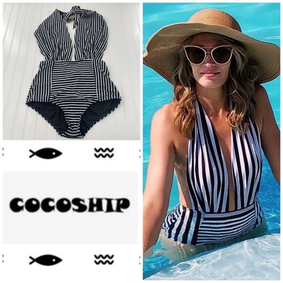 COCOSHIP Black White Striped Balancing Act Vintage Backless Bather Swimsuit 3X - Picture 6 of 14